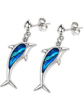 Silver Plated Dolphin Drop Earrings | Blue Abalone Inlay | Pierced Studs
